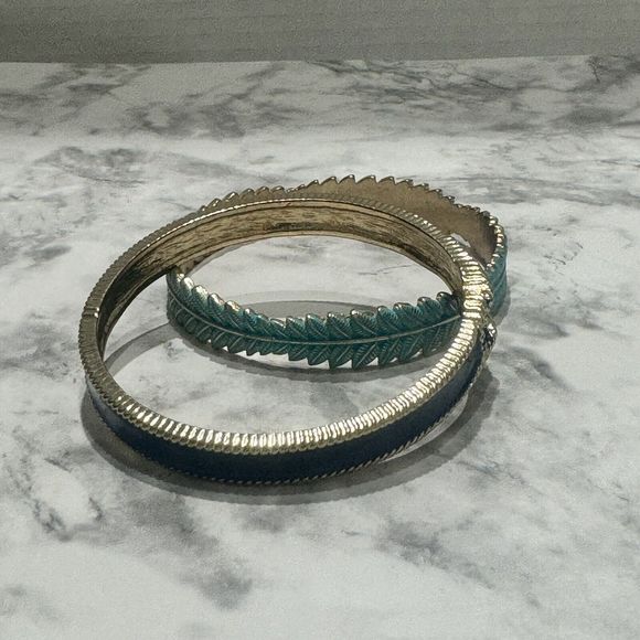 Solid Metal Vintage Custom Made Bangle Bracelets, Navy-Teal-Goldtone, Set Of 2 - Picture 4 of 8